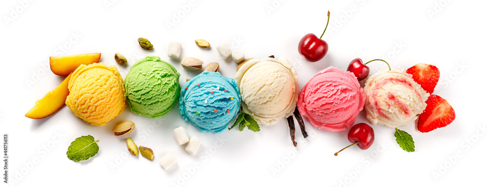 Aufkleber assorted of ice cream scoops on white background. colorful set of ice cream scoops of different flav