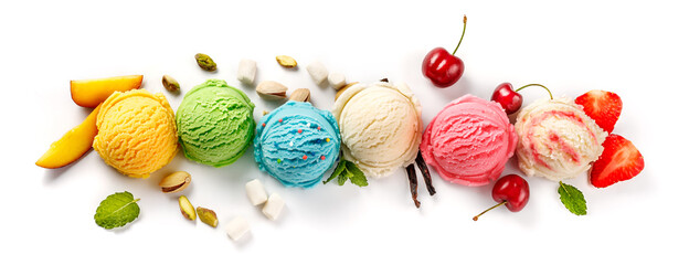 Assorted of ice cream scoops on white background. Colorful set of ice cream scoops of different...