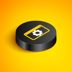 Isometric line Setting icon isolated on yellow background. Adjusting, service, maintenance, repair, fixing. Black circle button. Vector