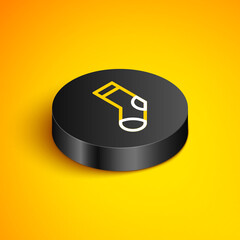 Isometric line Socks icon isolated on yellow background. Black circle button. Vector