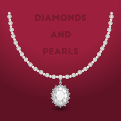 diamonds and pearls necklace and big diamond necklace Jewelry for girls fashion style women diamonds chain or pearl chain with a dark red background, wedding or valentine day gift for the bride