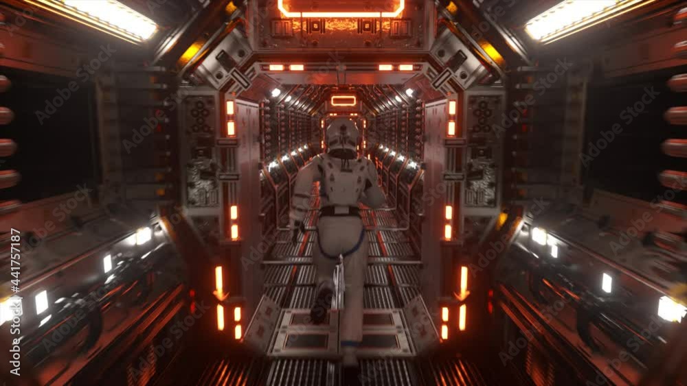 Poster astronaut runs through a tunnel to another compartment of the space gate. spaceship and technology c