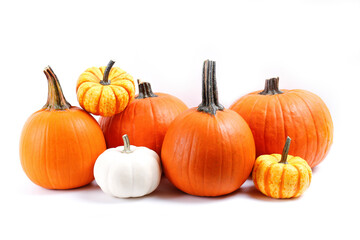Bunch of classic orange, hooligan and baby boo pumpkins isolated on bright background as a symbol of autumnal holidays with a lot of copy space for text. Close up.
