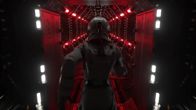 Astronaut runs through a tunnel to another compartment of the space gate. Spaceship and technology concept. 4k animation of seamless loop