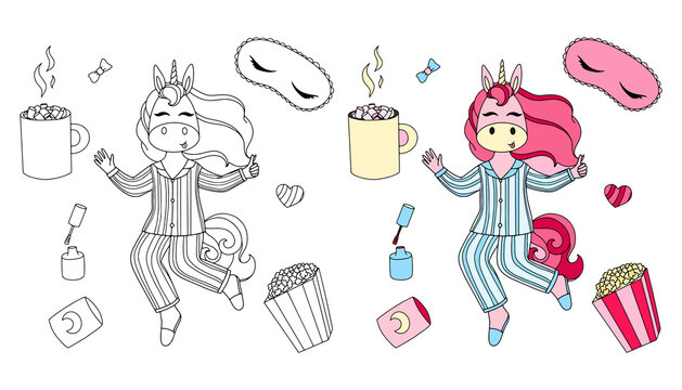 vector illustration of a unicorn on the theme of a pajama party for coloring books, children's illustration