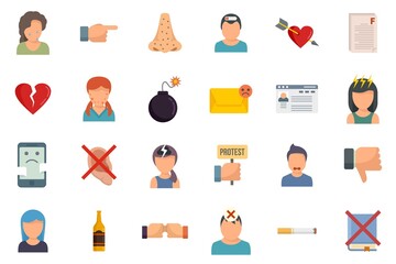 Teen problems icons set flat vector isolated