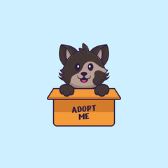 Cute cat in box with a poster Adopt me. Animal cartoon concept isolated. Can used for t-shirt, greeting card, invitation card or mascot. Flat Cartoon Style