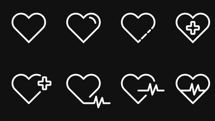 Heart vector icons. Set of heartbeat icon on isolated black background. Symbol cardiogram heart logo in linear style. Vector illustration