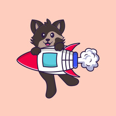 Cute cat flying on rocket. Animal cartoon concept isolated. Can used for t-shirt, greeting card, invitation card or mascot. Flat Cartoon Style