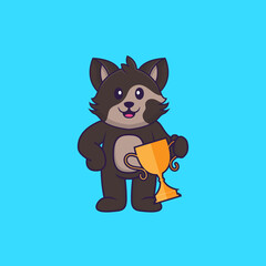 Cute cat holding gold trophy. Animal cartoon concept isolated. Can used for t-shirt, greeting card, invitation card or mascot. Flat Cartoon Style