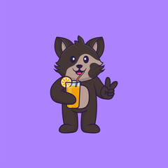 Cute cat holding orange juice in glass. Animal cartoon concept isolated. Can used for t-shirt, greeting card, invitation card or mascot. Flat Cartoon Style