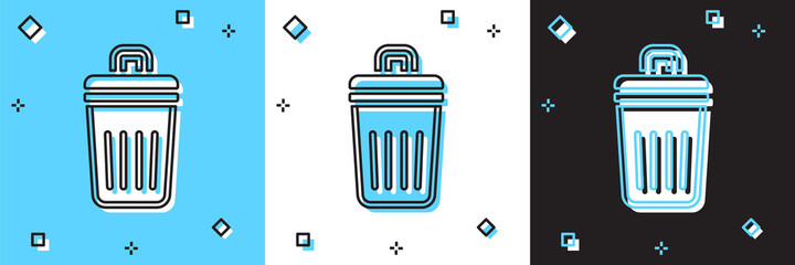 Set Trash can icon isolated on blue and white, black background. Garbage bin sign. Recycle basket icon. Office trash icon. Vector