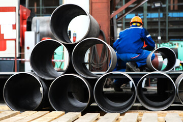 Metal pipes in an industrial plant. Metallurgical plant for the production of steel products. Close-up