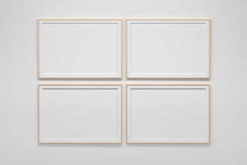 Mockup template with four horizontal A4 frames on white wall