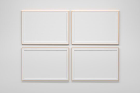 Mockup template with four horizontal A4 frames on white wall