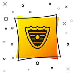 Black Shield icon isolated on white background. Guard sign. Security, safety, protection, privacy concept. Yellow square button. Vector