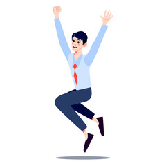 Happy Office Worker Jumping for Joy. Fun Young Man in Tie Jumping with Raised Hands. Laughing Businessman Celebrates Success. Cartoon vector illustration.