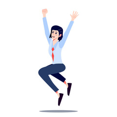 Happy Office worker jumping for joy. Fun Young Woman in tie jumping with raised hands. Laughing businesswoman celebrate success. Cartoon vector illustration.