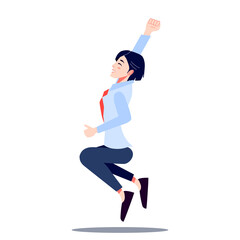 Happy Office worker jumping for joy. Fun Young Woman in tie jumping with raised hands. Laughing businesswoman celebrate success. Cartoon vector illustration.