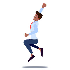 Happy Office Worker Jumping for Joy. Fun Young Person in Tie Jumping with Raised Hands. Laughing Businessman Celebrates Success. Cartoon vector illustration.
