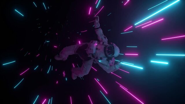 Astronaut falling in the corridor of a spaceship. Sci-Fi futuristic space tunnel VJ for titles and background. Neon light. 4k animation of seamless loop