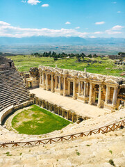 Fototapeta na wymiar View of the Pamukkale Amphitheater, the ruined city of Hierapolis, Turkey.