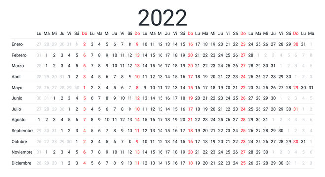 2022 Spanish linear calendar. Horizontal planner for year. Vector. Week starts Monday. Annual schedule grid with 12 months. Yearly calender template. Simple design illustration. Landscape orientation.