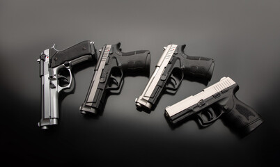 Black modern pistols on a dark back. A short-barreled weapon for concealed carry. Armament of the...