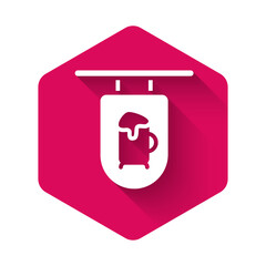 White Street signboard with inscription Bar icon isolated with long shadow background. Suitable for advertisements bar, cafe, restaurant. Pink hexagon button. Vector