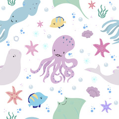 Motif harmonieux d& 39 animaux marins, de poissons, de coraux et de coquillages. Monde sous-marin, illustration vectorielle de doodle dessinés à la main.