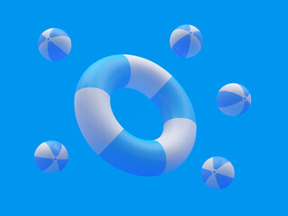 Lifebuoy and beach balls on blue. 3d illustration 