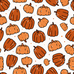 seamless pattern with hand drawn pumpkins for wrapping paper, textile and fabric prints, digital paper, kitchenware, harvest, thanksgiving and halloween decor. EPS 10 