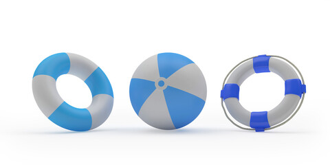 One beach ball and two life buoys on white. 3d illustration 
