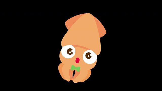 Flat design animation of cartoon cute big eyes squid with bowtie swimming. Alpha background