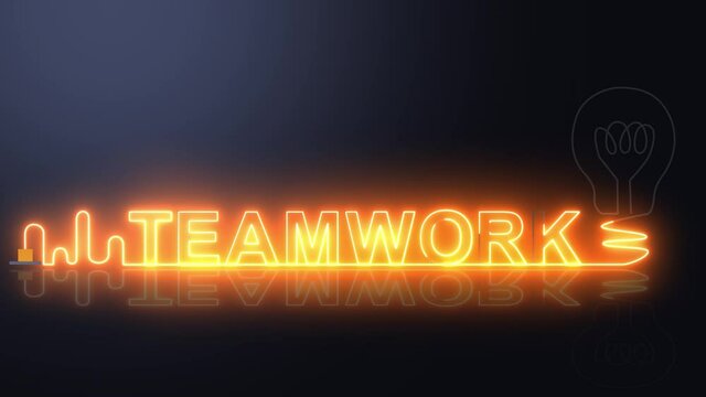 Teamwork neon light with light bulb.