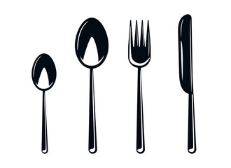 A set of cutlery, spoons and forks. Tableware or cutlery icons. Silhouette of utensils. Silhouette of a knife and fork. Vector. Isolated on white background.