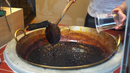 Making of burnt brown sugar boba tapioca milk tea shop