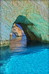 Famous blue caves, an extraordinary seascape of magnificent geologic formations in Zakynthos island, Ionian Sea, Greece, Europe. 