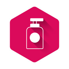 White Tube of hand cream icon isolated with long shadow background. Pink hexagon button. Vector