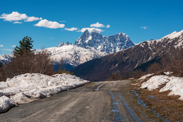 View of Mount Ushba. Ushba is one of the most notable peaks of the Caucasus range, located in the Svaneti region of Georgia