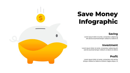 Piggy bank Infographic template slide for your presentation. Saving money concept. Business strategy. Financial investments logo.