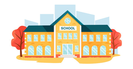 School building in the autumn landscape. Back to school. Education concept. Autumn illustration in flat cartoon style.