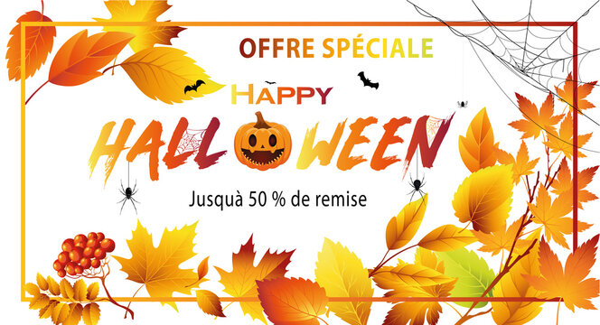 carte ou bandeau sur offre spéciale pour la fête d'halloween sur un fond blanc avec des feuilles une citrouille des chauves souris des araignées et une toiles d'araignée 