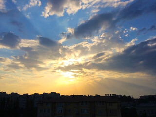 Beautiful dramatic sky. The sunrise in the city