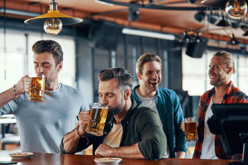 Group of handsome young men in casual clothing enjoying beer and communicating