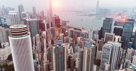 AERIAL. Hong Kong Sunrise, View from The drone, Hong Kong Sun shape in the sky