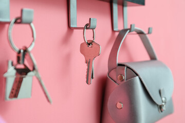 Holder with keys and bag hanging on color wall, closeup