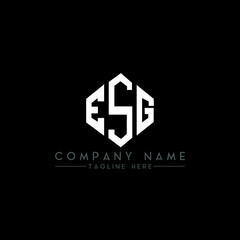 ESG letter logo design with polygon shape. ESG polygon logo monogram. ESG cube logo design. ESG hexagon vector logo template white and black colors. ESG monogram, ESG business and real estate logo. 