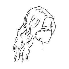 Woman portrait in profile wearing medical face mask, Hand drawn linear illustration, Vector sketch isolated