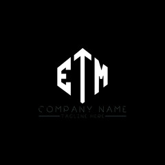 ETM letter logo design with polygon shape. ETM polygon logo monogram. ETM cube logo design. ETM hexagon vector logo template white and black colors. ETM monogram, ETM business and real estate logo. 
